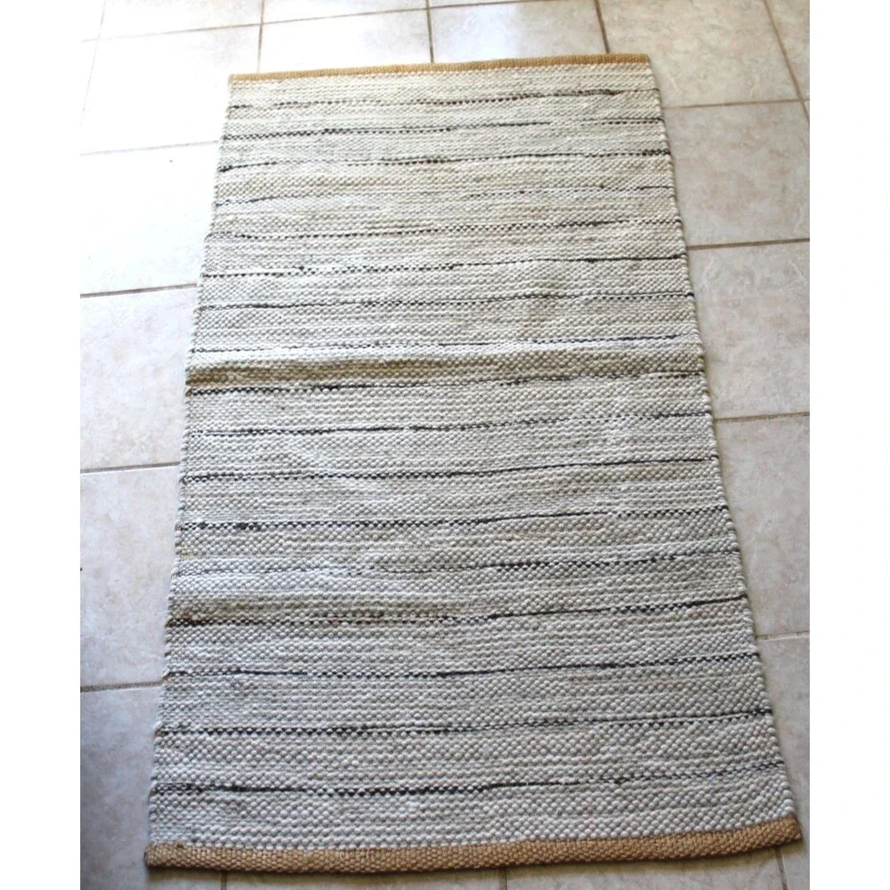 4.5 x 2.5 Ft. Rug Handmade Dhurrie Wool & Jute Mat Grey & Beige Carpet Woven